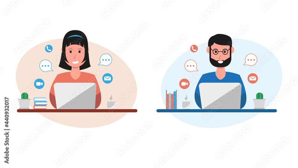 Fototapeta premium Work from home, work at home, coworking space, concept illustration. Man and woman freelancers working on laptops and computer at home. Flat design work from home illustration