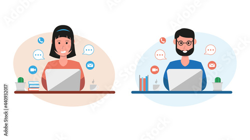 Work from home, work at home, coworking space, concept illustration. Man and woman freelancers 
working on laptops and computer at home. Flat design work from home illustration
