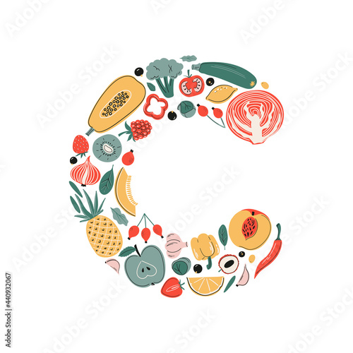 Vector vitamin C (ascorbic acid) sources set. Fruits, vegetables and berries collection. Healthy food, dietetics products, organic. Cartoon flat illustration