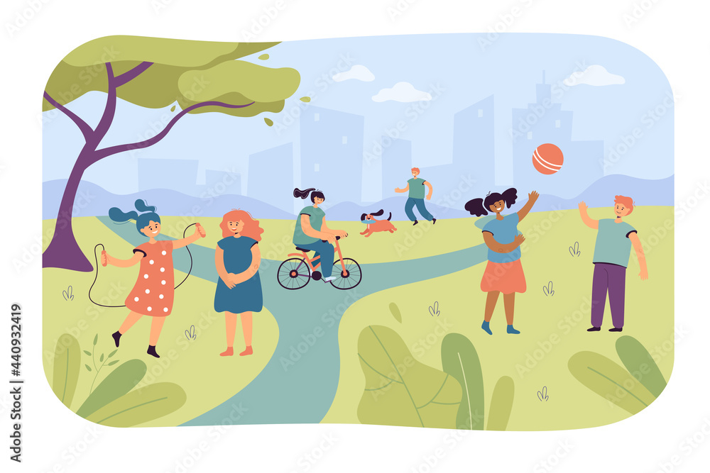 Children playing in city park. Flat vector illustration. Kids having fun, playing ball, running with dog, riding bicycle, jumping rope. Camp, nature, childhood, activity concept for banner design Children playing in city park. Flat vector illustration. Kids having fun, playing ball, running with dog, riding bicycle, jumping rope. Camp, nature, childhood, activity concept for banner design