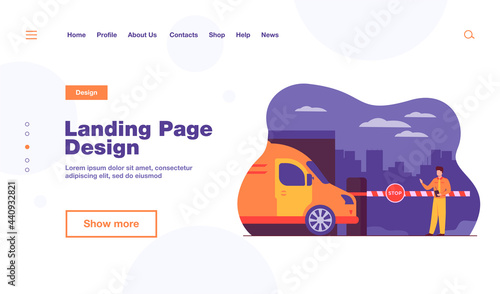 Parking lot security. Attendant standing at gate arm with stop sign for checking vehicles. Vector illustration for guard, automobile safety, transportation concept