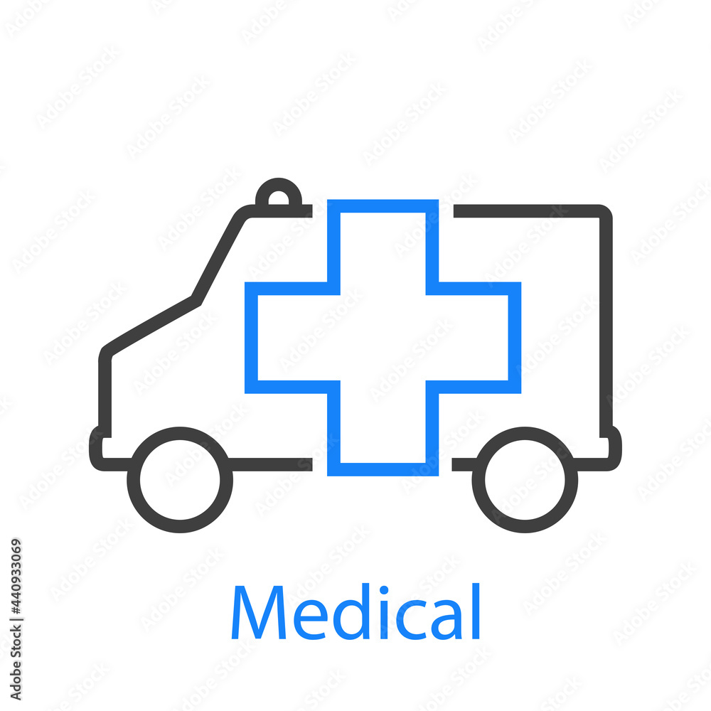 Primeros auxilios. Logo Medical con ambulancia con lineas en color azul y gris Primeros auxilios. Logo Medical con ambulancia con lineas en color azul y gris