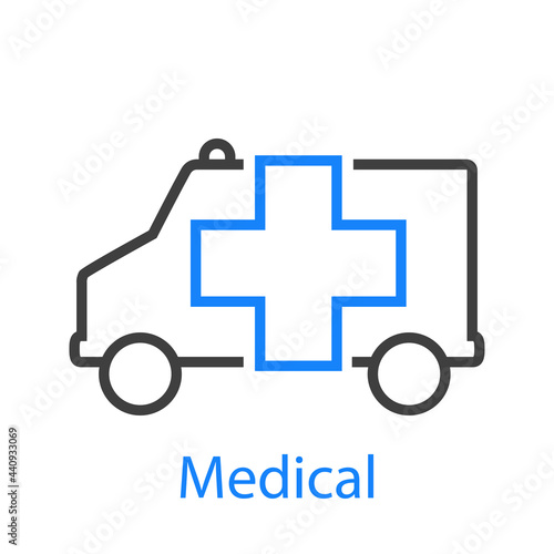 Primeros auxilios. Logo Medical con ambulancia con lineas en color azul y gris