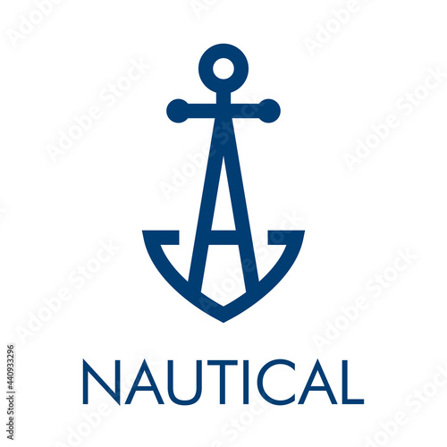 Logotipo con ancla de barco con forma de letra inicial A y texto Nautical en color azul