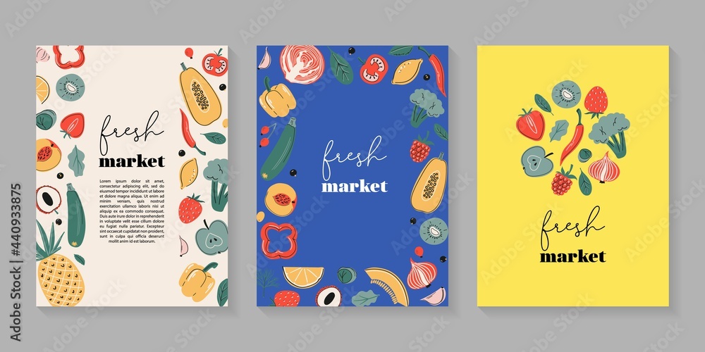 Fresh market poster, card or print collection with fruits and vegetables. Vitamin C sources , Farm marketplace, healthy food. Vector illustration 