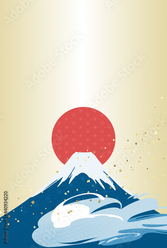 和風背景/フレーム素材　縦　赤い太陽と富士山　年賀状・ポスター・チラシなどに