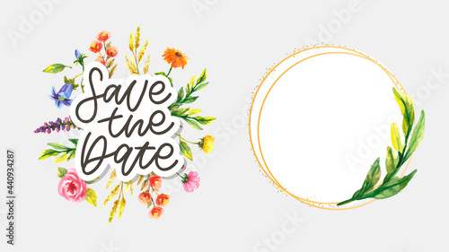 Lovely spring concept card. Awesome flowers and birds made in watercolor technique. Bright romantic card with summer flowers in vector. Charming Save the Date background