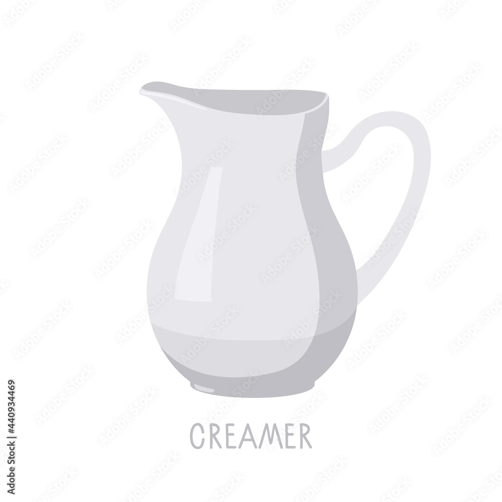 Creamer, Small white jug with sock and handle for milk or cream, Kitchen utensils. Ceramic Tea or coffee Party Serving Vessel. Vector Milk pitcher isolated on white background. Coffee time. Creamer, Small white jug with sock and handle for milk or cream, Kitchen utensils. Ceramic Tea or coffee Party Serving Vessel. Vector Milk pitcher isolated on white background. Coffee time.
