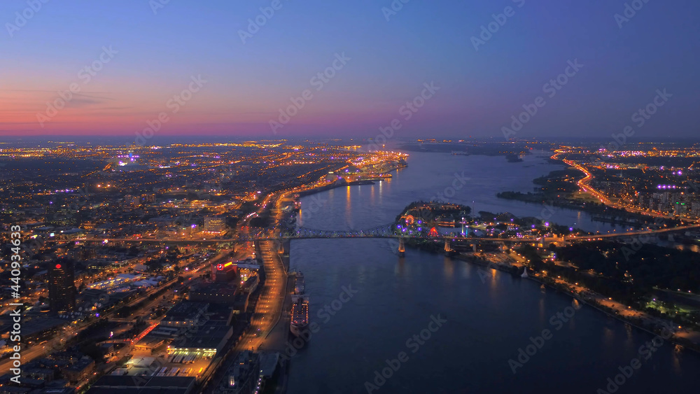 Montreal City at night With River, Aerial View