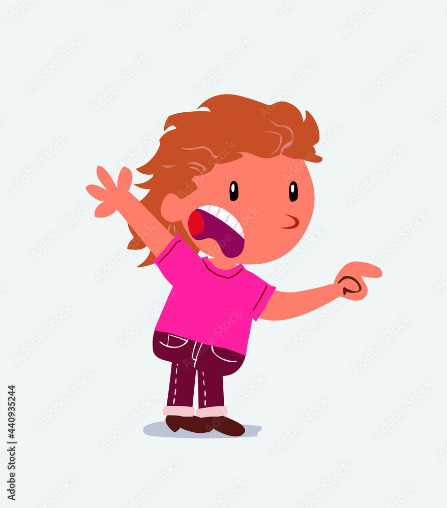 cartoon character of little girl on jeans pointing at something outraged. cartoon character of little girl on jeans pointing at something outraged.