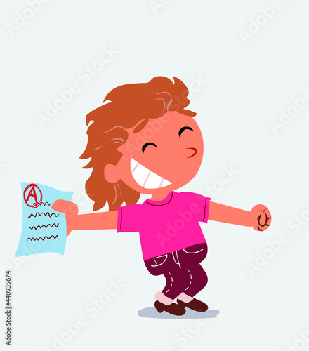  happy cartoon character of little girl on jeans rejoices with exam in hand