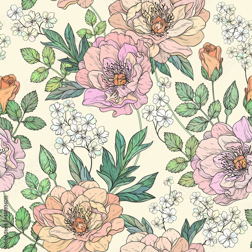 Seamless floral pattern with peony flowers.