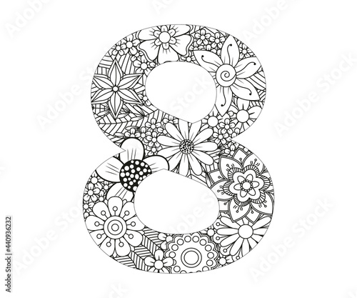 Adult coloring page with number 8. Ornamental font