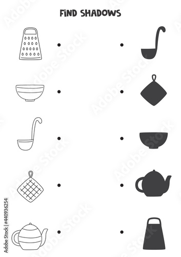 Find the correct shadows of black and white kitchen tools. Logical puzzle for kids.
