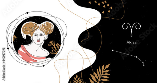 Zodiac background. Aries constellation. Horizontal banner. One line.