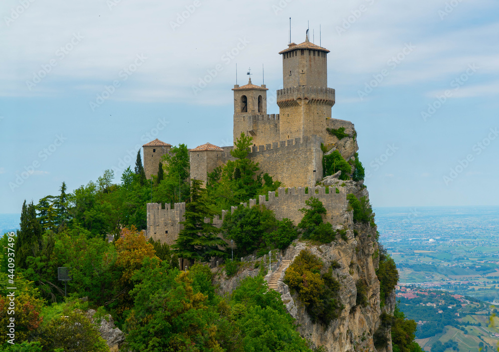 San Marino, San Marino 31th may 2021 -One of the three towers (3 torri di San Marino) of the mountain village of San Marino