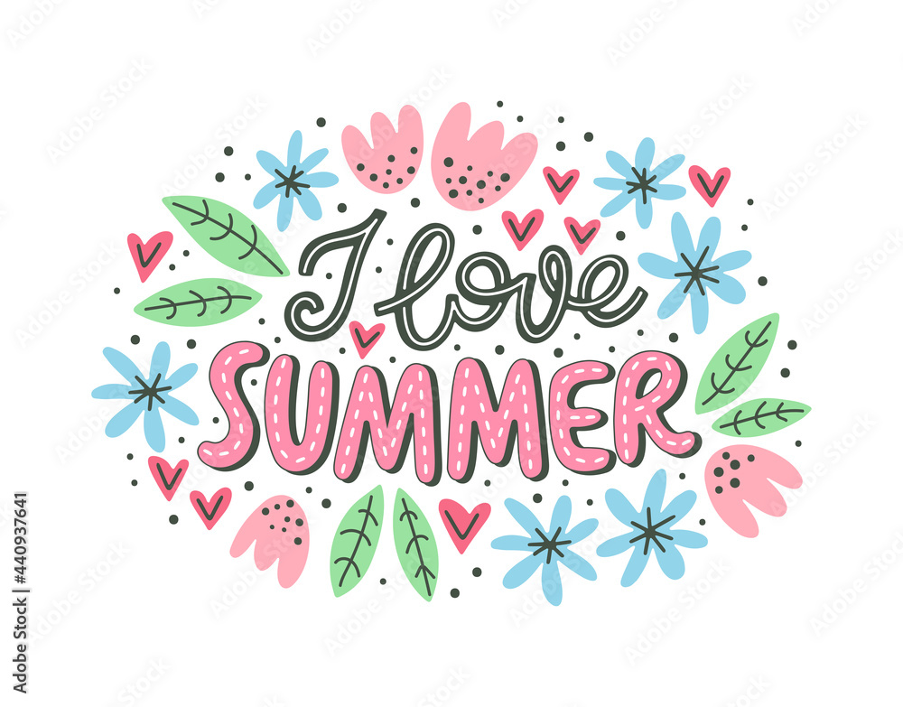 Obraz premium Colorful summer lettering in modern style. Hand-drawn holiday decoration. Isolated vector illustration design with summer elements.