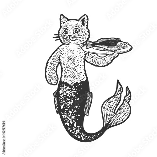 cat mermaid with fish line art sketch engraving vector illustration. T-shirt apparel print design. Scratch board imitation. Black and white hand drawn image.