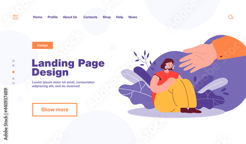 Helping hand for depressed crying person. Sad, anxious and lonely woman suffering from stress and depression, getting support. Vector illustration for assistance, friendship, care concept
