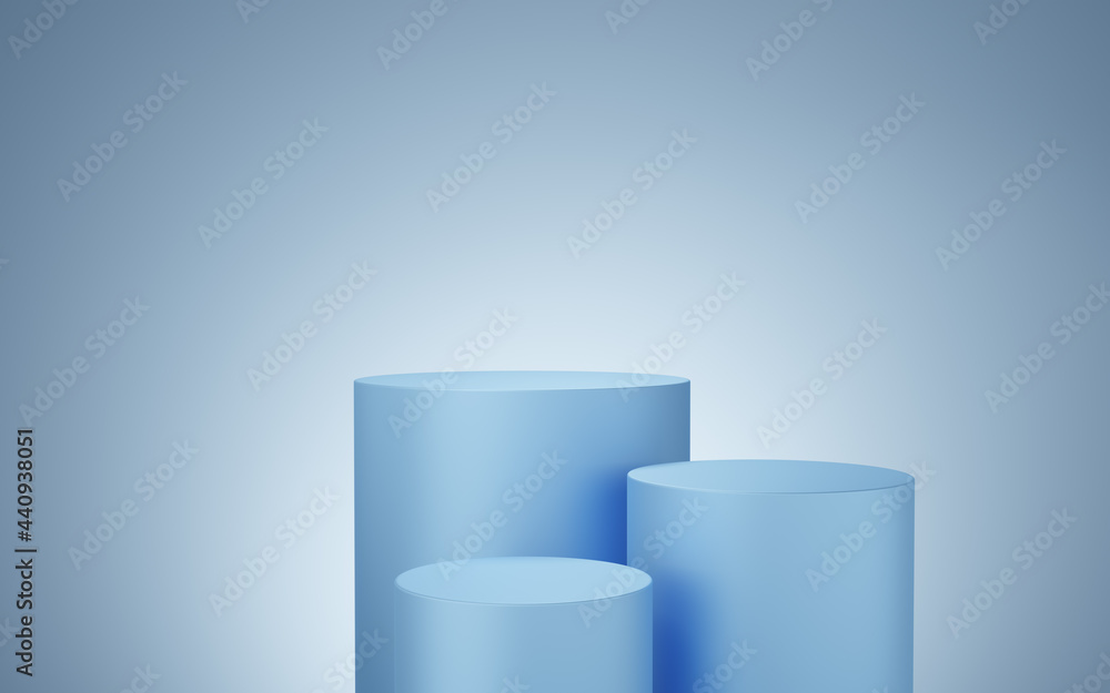 3 Empty blue cylinder podium floating on white copy space background. Abstract minimal studio 3d geometric shape object. Monotone pedestal mockup space for display of product design. 3d rendering. 3 Empty blue cylinder podium floating on white copy space background. Abstract minimal studio 3d geometric shape object. Monotone pedestal mockup space for display of product design. 3d rendering.