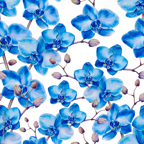 Hand painted watercolor seamless pattern with blue orchids isolated on white background. Ideal wedding decoration, clothes print and interior textile