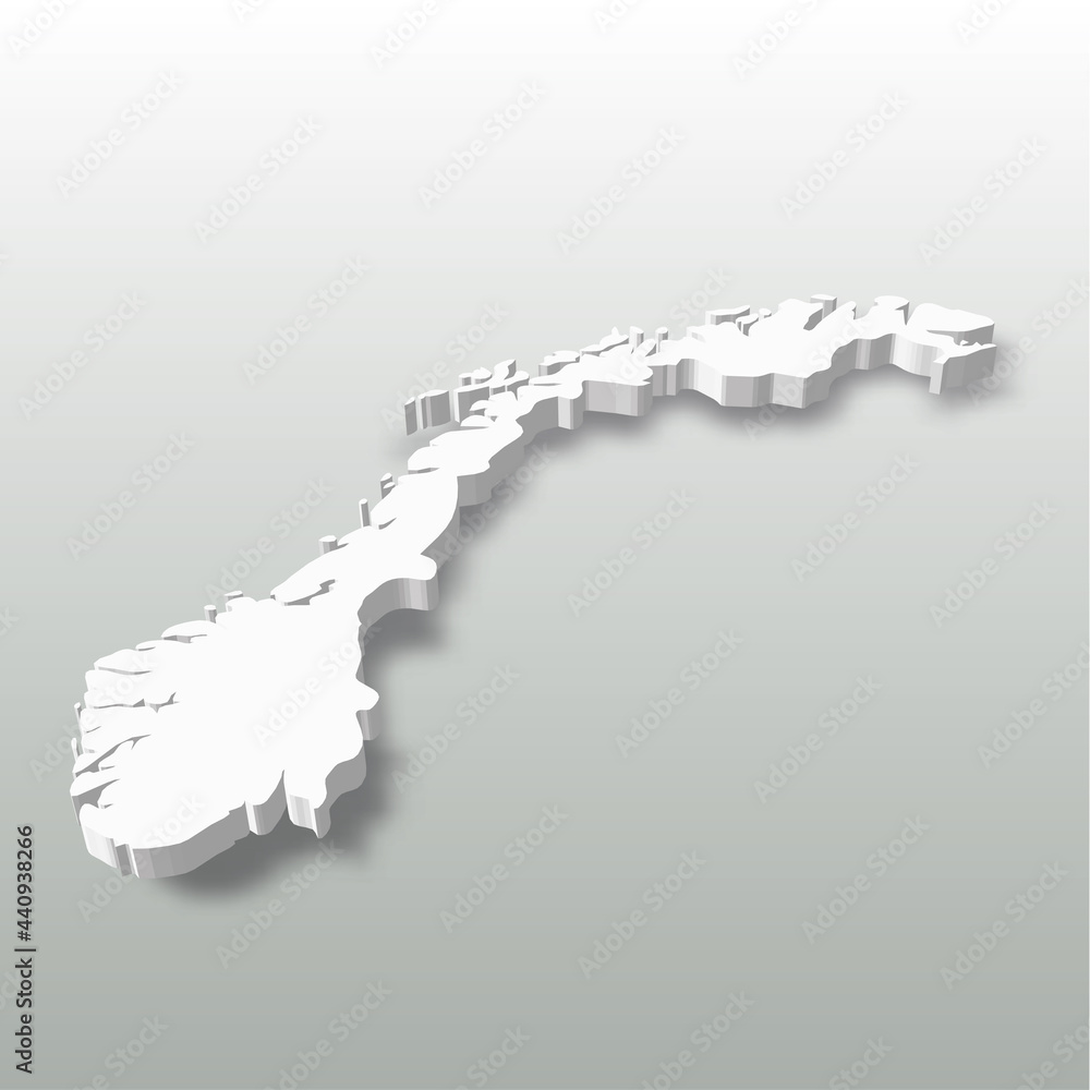 Norway - white 3D silhouette map of country area with dropped shadow on grey background. Simple flat vector illustration.