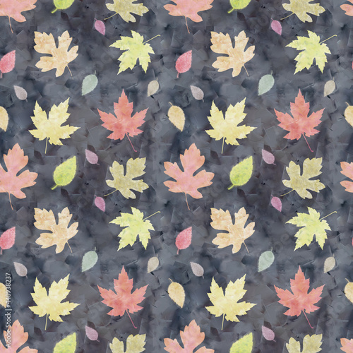 Seamless autumn pattern, yellow and orange leaves on a gray background.