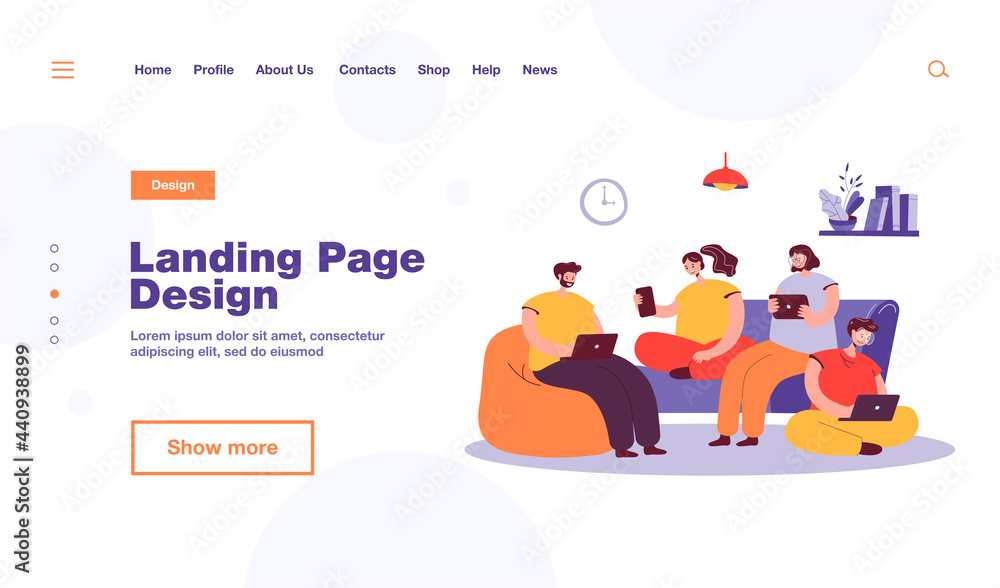 Obraz premium Group of friends with digital devices meeting at home, sitting together. People using laptops, tablet, mobile phone for internet and social media browsing, For communication, public access concept