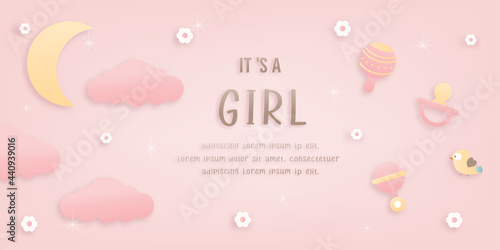 Vector illustration for baby boy shower card on pink background, cute design Papercraft babysitting in Stroller background, Cute papercraft and paper cut style.
