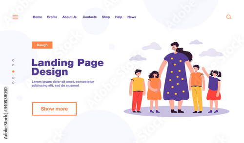 Female teacher and kids walking outdoors. Woman watching group of school children on grass. Vector illustration for pedagogy, education, daycare concept