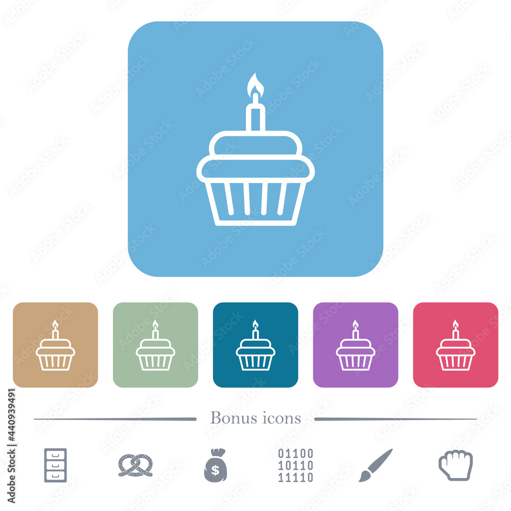 Birthday cupcake outline flat icons on color rounded square backgrounds Birthday cupcake outline flat icons on color rounded square backgrounds