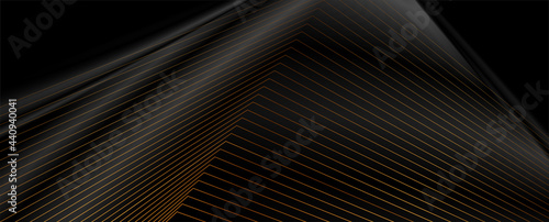 Black abstract tech luxury smooth background with golden lines. Vector banner design