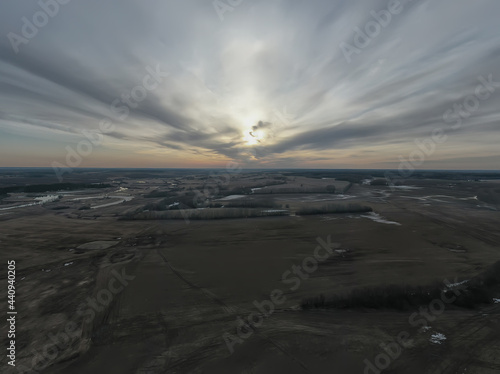 early spring field top view drone, abstract landscape flight