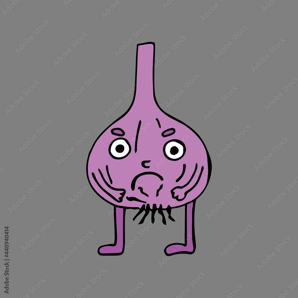 Funny cartoon character garlic. Vegetables and fruits. Vector illustration. Isolated. Doodles. Comics. Coloring pages for children and adults. Funny cartoon character garlic. Vegetables and fruits. Vector illustration. Isolated. Doodles. Comics. Coloring pages for children and adults.