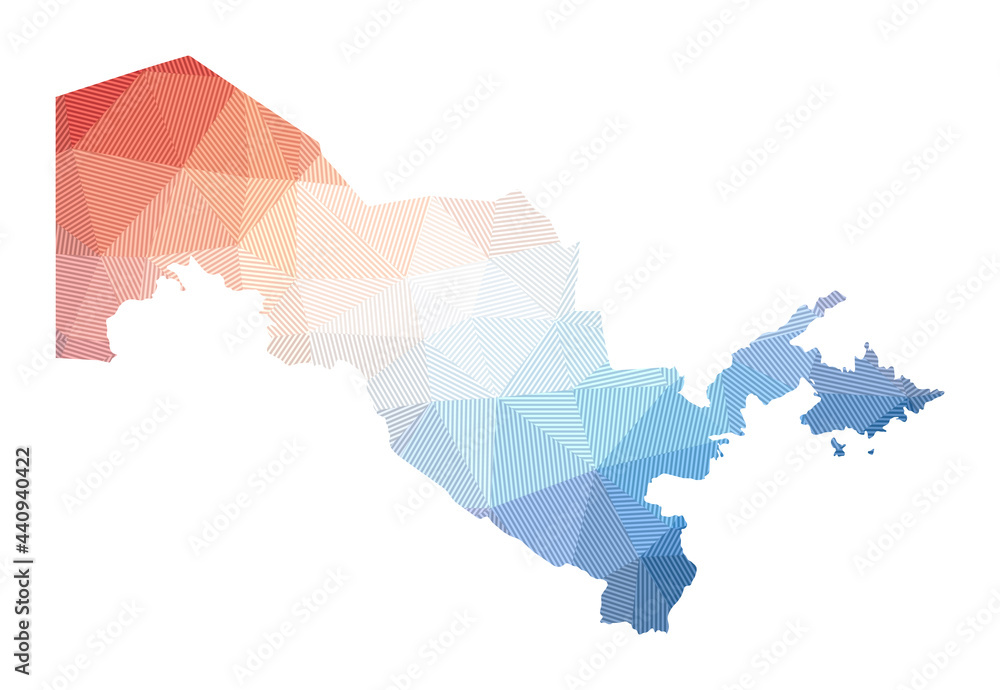Map of Uzbekistan. Low poly illustration of the country. Geometric design with stripes. Technology, internet, network concept. Vector illustration. Map of Uzbekistan. Low poly illustration of the country. Geometric design with stripes. Technology, internet, network concept. Vector illustration.