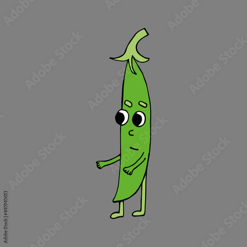 Funny cartoon character of green pea strings. Vegetables and fruits. Vector illustration. Isolated. Doodles. Comics. Coloring pages for children and adults.