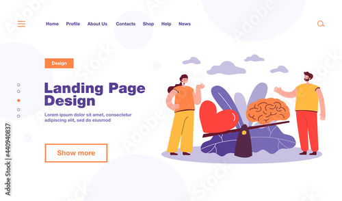 Two people comparing logic and love with seesaw isolated flat vector illustration. Cartoon creative scene with brain vs heart. Emotional instincts or intuition and logic balance concept