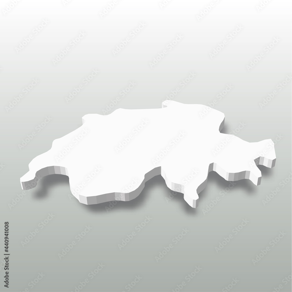 Switzerland - white 3D silhouette map of country area with dropped shadow on grey background. Simple flat vector illustration.
