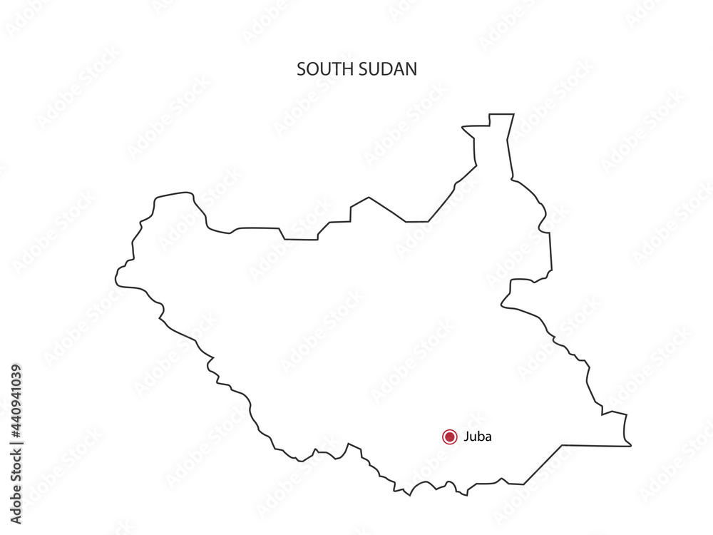 Hand draw thin black line vector of South Sudan Map with capital city Juba on white background.