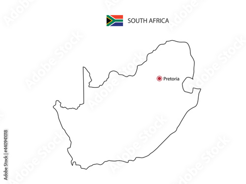 Hand draw thin black line vector of South Africa Map with capital city Pretoria on white background.