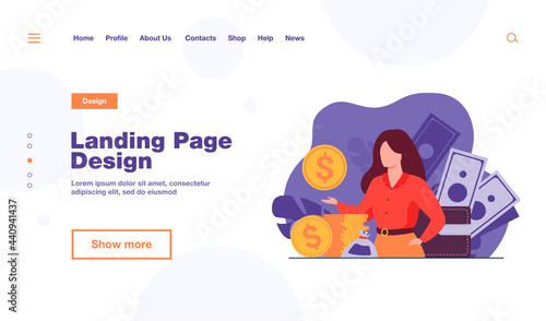 Banker offering loan. Investor or entrepreneur getting income. Woman with heap of cash, sack and wallet. Vector illustration for finance, money, financial success, profit, business concept