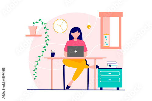 Woman sitting at computer. The concept of remote work, work from home, taking courses. Vector illustration. Isolated on a white background.