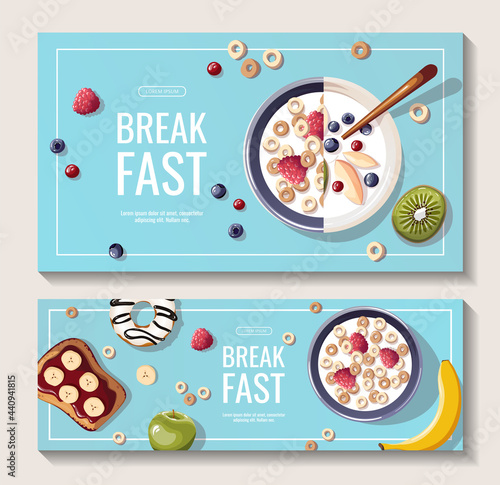 Promo banners with Yogurt with fruits, corn rings with milk and berries. Healthy eating, nutrition, diet, cooking, breakfast menu, fresh food concept. Vector illustration for banner, flyer, poster.