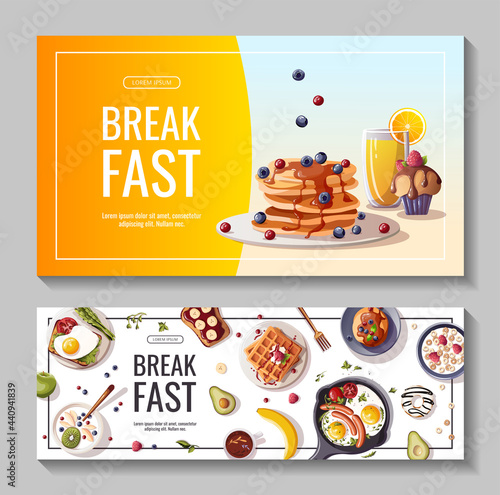 Set of promo banners for breakfast menu, healthy eating, nutrition, cooking, fresh food, dessert, diet, pastry, cuisine. Vector illustration for banner, flyer, cover, advertising, menu, poster.