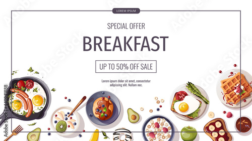 Promo flyer for breakfast menu, healthy eating, nutrition, cooking, fresh food, dessert, diet, pastry, cuisine. Vector illustration for banner, flyer, cover, advertising, menu, poster.