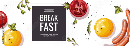 Promo banner with scrambled eggs, sausages, tomatos. Healthy eating, nutrition, diet, cooking, breakfast menu, fresh food concept. Vector illustration for banner, flyer, poster, menu.