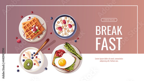 Toast with scrambled egg, yogurt with fruits, waffles, corn rings. Healthy eating, nutrition, cooking, breakfast menu, fresh food concept. Vector illustration for banner, flyer, poster, promo.