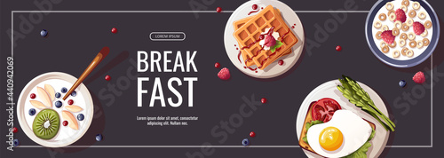 Toast with scrambled egg, yogurt with fruits, waffles, corn rings. Healthy eating, nutrition, cooking, breakfast menu, fresh food concept. Vector illustration for banner, flyer, promo, cover, poster.