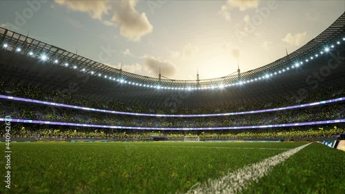 soccer stadium with fans cloudy evening crowd waiting game clamping and waving flags . High quality 4k footage