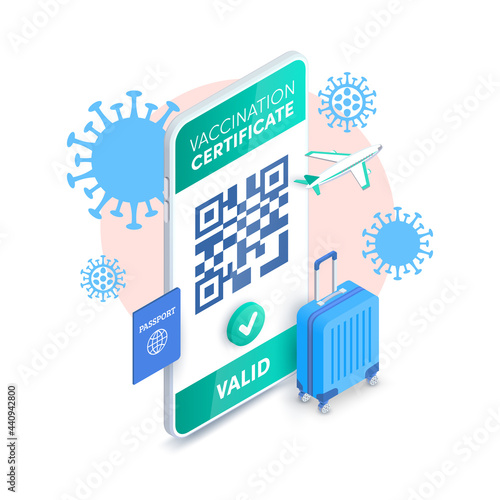 Electronic Covid-19 vaccination green certificate, health passport QR code on smartphone screen vector isometric concept. Coronavirus certificate for safe travel on mobile phone. Health pass app